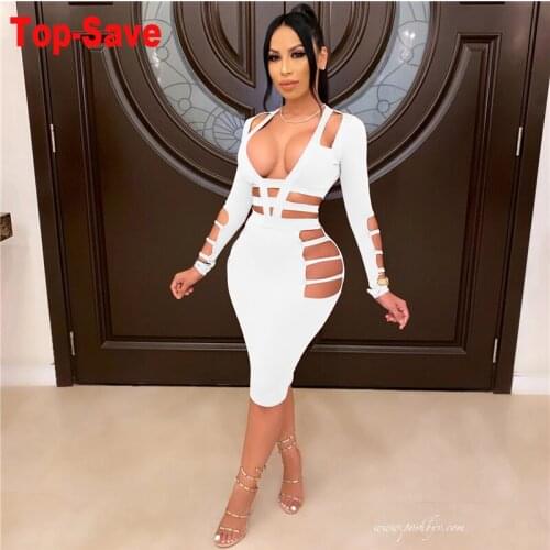 Sexy Runway Bandage Dresses For Women Hollow Long Sleeve Night Club Evening Party Bodycon V-Neck Sheath Elegant Slim Clothing