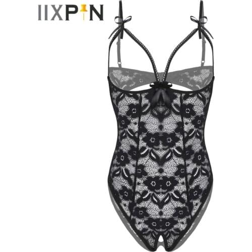 Sexy Women Lace Bodysuit Sexy Teddy Lingerie Flower Pattern Sheer Jumpsuit Open Crotch Underwear Hollow Out Leotard Sleepwear