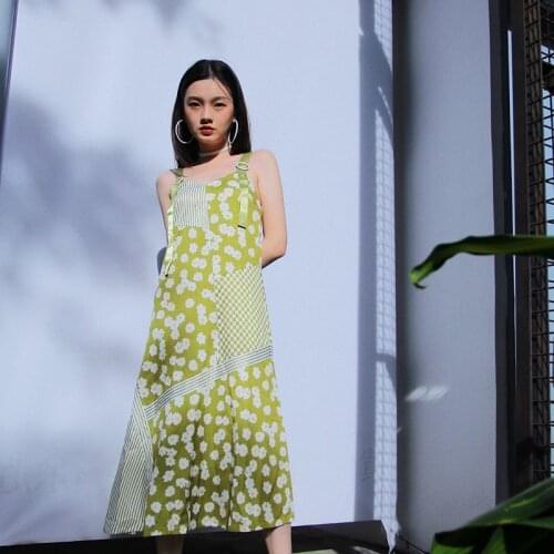 Cheerart Green Spaghetti Strap Dress Summer Patchwork Backless A Line Long Dress Women High Waist Casual Sundress