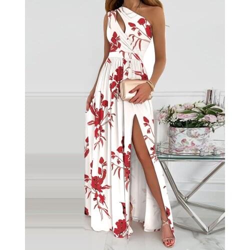 Summer Women Fashion One Shoulder Sleeveless Beach Wear Holiday Elegant Long Dress Floral Print High Slit Cutout Maxi Dress