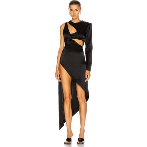 2021 Women Spring New Black Sexy One Shoulder Hollow Out Slim Split Knee Length Dress Sexy Night Club Party Dress
