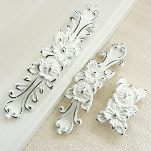 3.75" 5" White Silver Cabinet Handles Vintage Flower Door Knobs Wardrobe Handle Zinc Alloy Drawer Knob Dresser Pulls 96 128mm