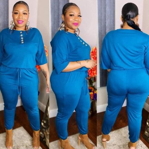 XL-5XL Plus Size Loose Rompers Womens Jumpsuit New Fashion Buttons Up Half Sleeve Long Overalls Streetwear Drawstring Bodysuit