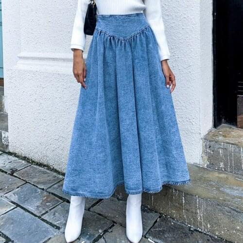 Women Maxi Blue Denim Skirt Pleated Skirt 2020 Autumn Winter Spring Slim Waist Long Jeans Skirt Casual Solid Office Ladies Skirt