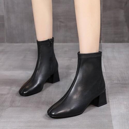 Women Chelsea Boots Mid-Calf Genuine Leather Square Toe Med Chunky Heels Ladies Spring Winter Shoes Zapatos De Mujer
