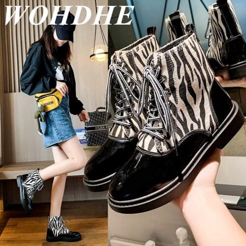 WOHDHE Martin Boots Womens New 2021 Ankle Boots Low Heel Round Toe Boots Black Zebra-stripe Lace-up Boots PU Leather Flat with
