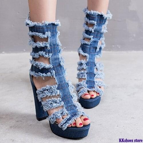 Summer Women boots Denim Peep Toe Super High Heels solid Mid Calf Platform Rubber Zipper Ladies Wedding Shoes zapatos mujer