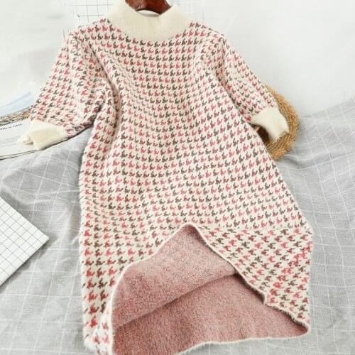 Plaid Panelled Patchwork Warm Dresses Women Turtleneck All-match Knitted Dress 2020 Autumn New Fresh Sweet Vestidos