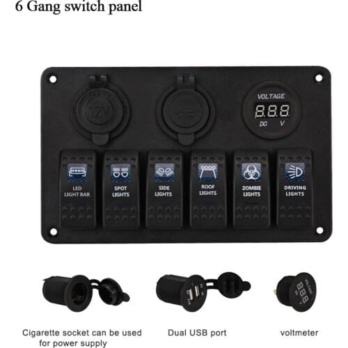 12-24V Car-styling Boat Yacht 6 Gang Waterproof LED Car Rocker Switch Panel Circuit Breakers car Voltmeter Car Dual USB charger