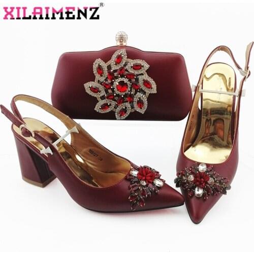 2019 New Wine Color Fashion Rhinestone Woman Shoes And Matching Bag Set Nigerian Style Pumps Shoes And Bag Set For Party