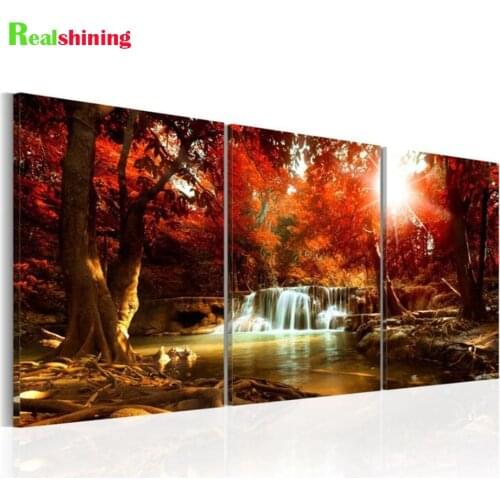 3 Piece Diamond Embroidery Full Round,Maple Waterfall Nature Landscape Diamond Painting Mosaic diamond stitch kit Triptych N2156