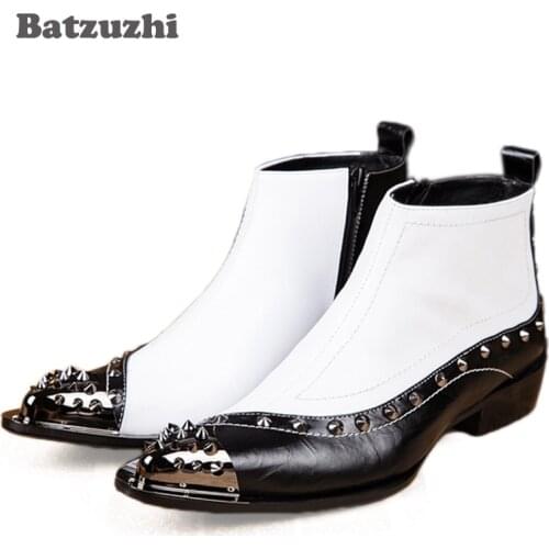 Batzuzhi Western Rock Black White Ankle Man Boots ITALY TYPE Increased Height Pointed High-top Man Leather Boots, Big EU38-46