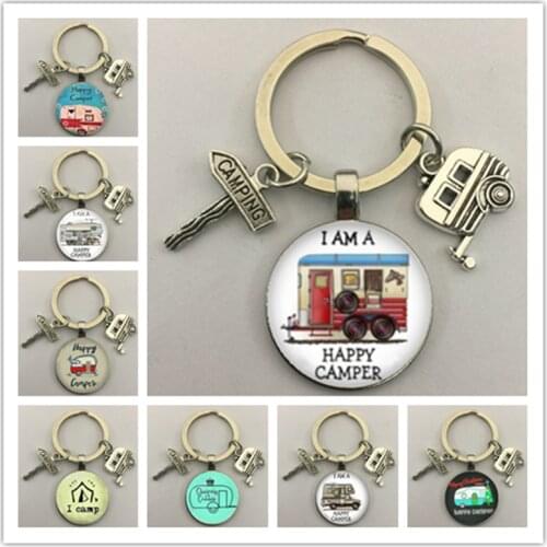 Happy camping Cute Travel Car I Camp camper key Road sign Keychain Glass Cabochon Traveler Key Chain goddess charm wholesale