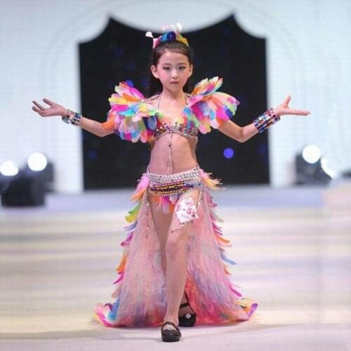 Childrens Day girls catwalk colourful trailing clothing children white blue color exaggerated feathers stage costumes for girl