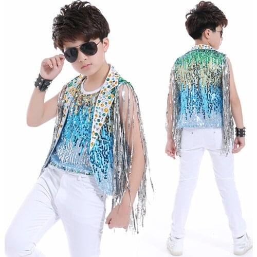Jazz Dance Costumes Boys Multicolor Stone Tops White Pants Hip Hop Show Outfit Fringe Sequins Tops Jacket Stage Clothes DNV14090