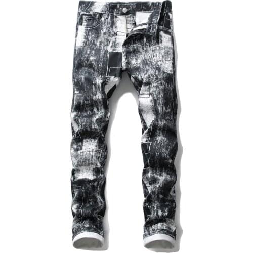 New Print Casual Jeans Korean Edition White Flowered Pants Fashion Nightclub Trousers Autumn Mens Streetwear Clothing