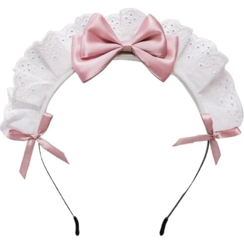 F3MD Japanese Lolita Hair Accessories Ruffled Lace Sweet Bowknot Gothic French Maid Headband Anime Victorian Cosplay Costume