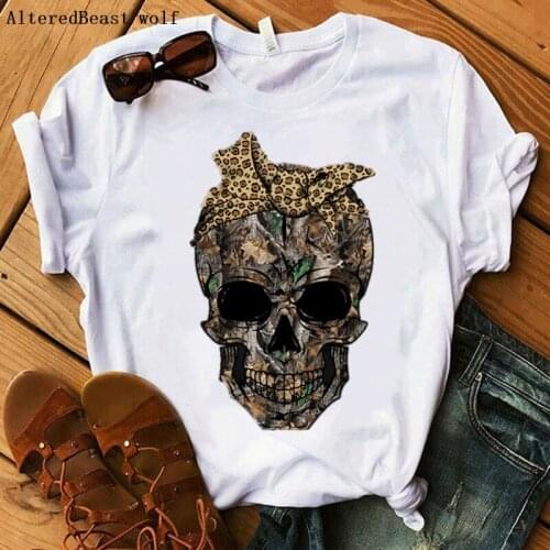 Camouflage Skull Leopard Bandana Mom T-shirt Women Funny Skull Punk T Shirt Women Fashion Casual Short Sleeve Print Mama Clothes
