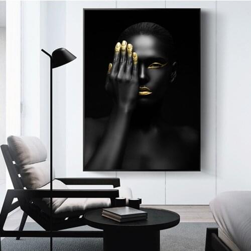Gold Lips Finger Eyes Nude Africa Black Woman Oil Painting on Canvas Poster and Prints Cuadros Wall Art Picture for Living Room