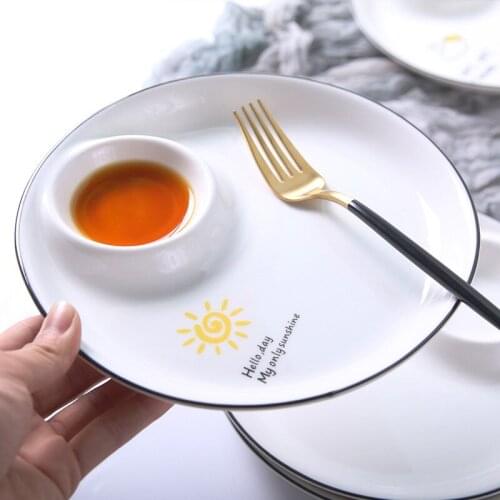 Nordic Ceramic Dumpling Plates With Vinegar Dish Fruit Salad Dumpling Seasoning Grid Home Snack Breakfast Creative Round Plates