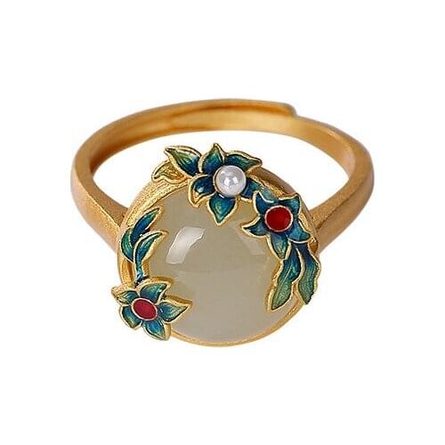 Baifuming s925 sterling silver gold-plated cloisonne Hetian Jade Pearl Ring vintage court flower ladies ring