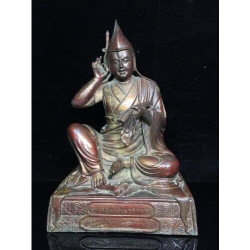 12"Chinese temple collection Old Bronze Cinnabar Lacquer Tsongkhapa Sitting Buddha Tibetan Buddha Ornaments
