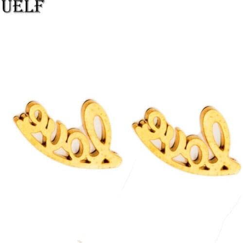Uelf Korean Stainless Steel Letter Love Earrings Gold Color Cute Earrings