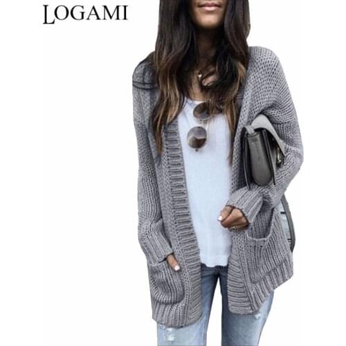 LOGAMI Long Sleeve Pocket Solid Knit Cardigan Women Autumn Winter Sweater Loose Casual Cardigans Women Tops