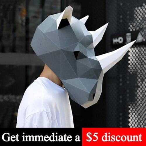 Pre-cut Rhinoceros Adult Head Mask Paper Model,3D Low-poly Papercraft,Party Cosplay Prop,Handmade DIY Origami Craft Toy RTY100