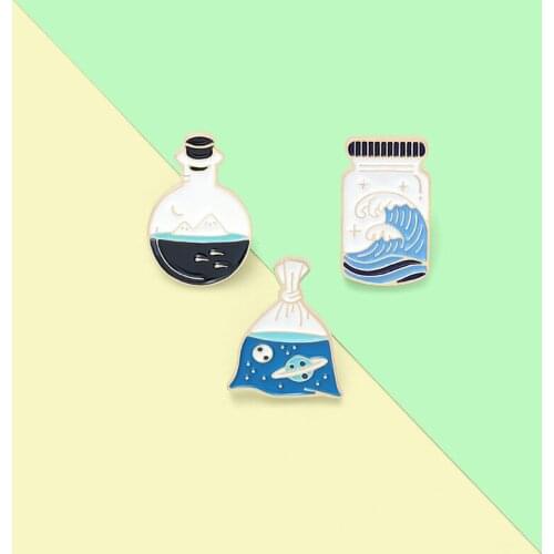 Cartoon Blue Ocean Drifting Bottle Enamel Pin ave Planet Brooch Bag Clothes Lapel Pin Sasha Away Badge Cartoon Jewelry Gift