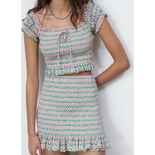 MXTIN 2021 Women Summer Fashion Floarl Cropped Blouses Elasticity Square Collar Short Sleeves Female Shirts Blusas Chic Tops