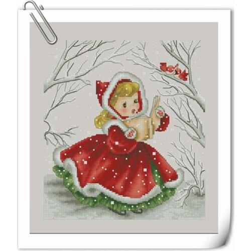 Cross Stitch Kit 11CT Printed Cloth Chinese Embroidery for Bird Singing Red Dress Girl