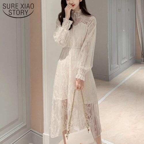 New Elastic Waist Party Dress Spring 2021 Bottom Apricot Lace Dress Sweet Stand Collar Lace Ruffled Slim Korean Style 12530