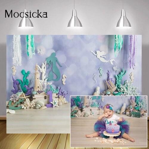Newborn Little Mermaid One Birthday Cake Smash Photography Backdrop Children Portrait Background Under the Sea Photo Shoot Props