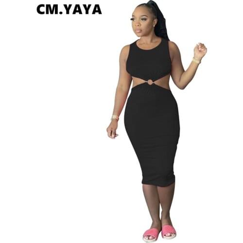 CM.YAYA Women Dress Solid Sleeveless Hollow Out Strechy Midi Dresses Sexy Fashion Casual Vestidos Streetwear Summer Outfits 2021