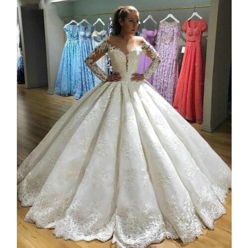 Luxury Ball Gown Wedding Dress Long Sleeve Customized Lace Applique Bridal Dresses Floor Length Puffy Princess Wedding Gowns New