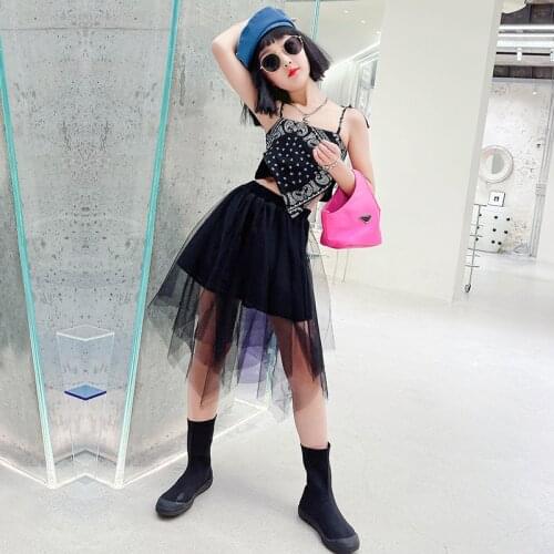 Modern Childrens Clothes Sexy Girls Costume Summer Black 2pcs Sets Print Tank Tops + Skirt Mesh Lace Kilt Suit Irregular dress