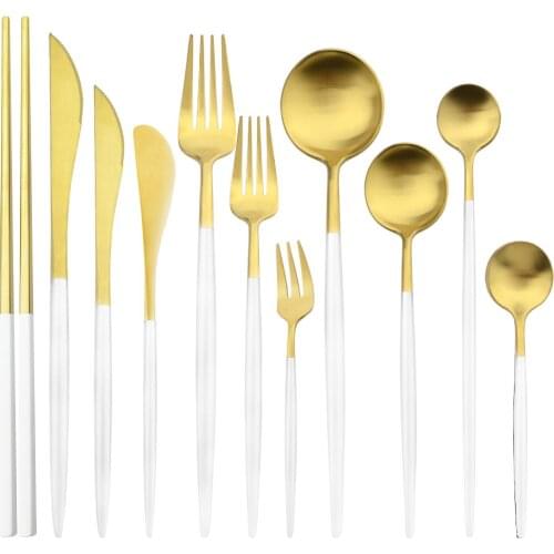 304 Stainless Steel Cutlery Dinnerware Set White Gold Spoon Knife Fork Flatware Set 11pcs Silverware Kitchen Home Tableware Set
