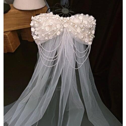Super Fairy Pearl Bow Tassel Veil Bridal Headdress Outdoor Photography Wedding Style Ornament