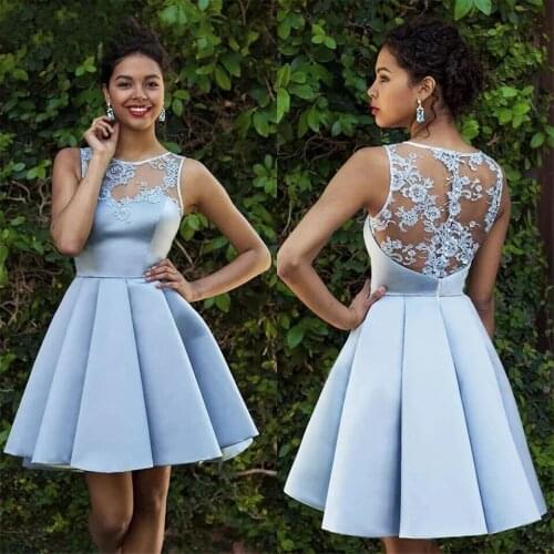 Light Sky Blue Mini Homecoming Dress 2021 A-Line O-Neck Lace Appliques Sleeveless Zipper Back Short Party Prom Gown Above Knee