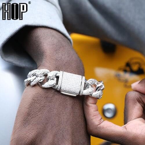 Hip Hop 19MM Iced Out Cashew Flower Drop Shape Box Buckle Cuban Chain Copper AAA+ Cubic Zirconia Stones Bracelet For Men Jewelry