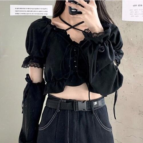 T-shirt Womens Short Spring New Korean Fashion Drawstring Lace Strapless Dark Gothic Style Harajuku y2k Crop Top Kawaii Vintage