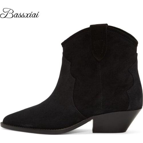 Autumn Winter Boots Women Sexy Pointed Toe Med Thick Heel Luxury Suede Do-old Edition Sewing Patchwork Short Booties