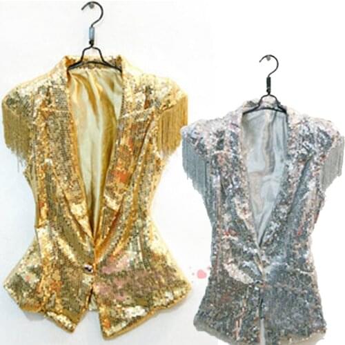 Female Male Silver Gold Vest Singer Ds Lead Dancer Clothing Sequins Tassel Jazz Dance Womens Performance Costume
