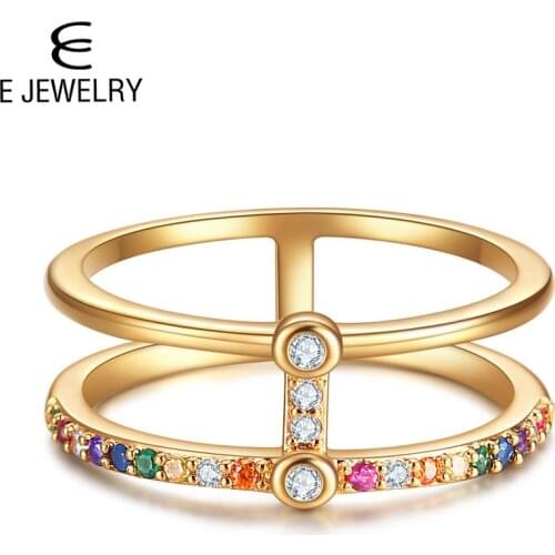 E Double Layers Rainbow Female Finger Rings 925 Sterling Silver Color CZ Wide Stackable Ring for Women 18K Gold Plated Jewelry