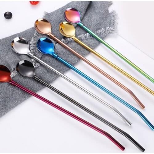 7 Colors Straw Spoon Stainless Steel Long Drinking Straw Spoon Reusable Metal Drinking Straw Spoo Tea Coffee Mixing Spoon Straw