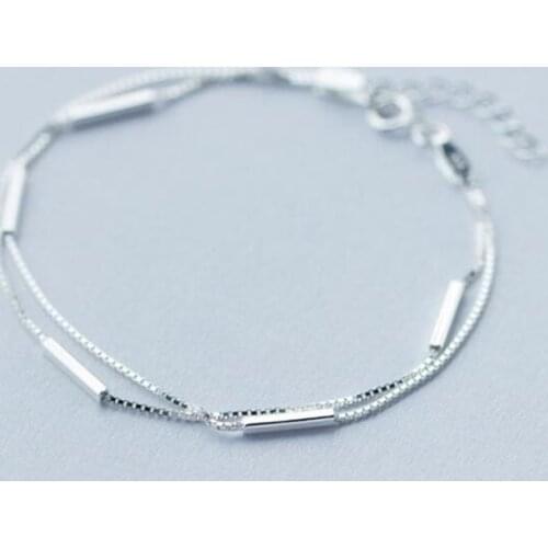 Season Gate 925 Sterling Silver Simple Literary Trendy Bar Stick Double Deck Bracelets for Women Girls SB003