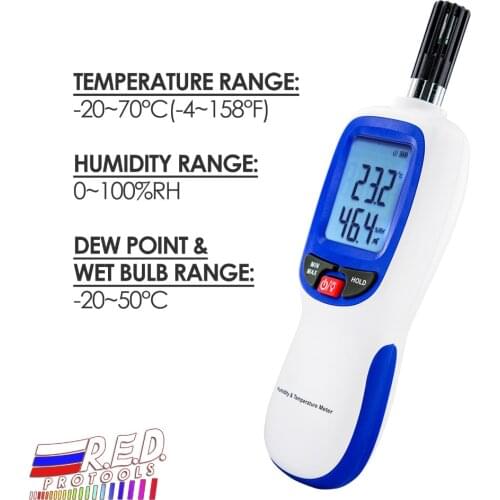 Digital Hygrometer Humidity & Temperature Meter Dew point and Wet-bulb Temperature range -20~70degC Humidity range 0~100%RH