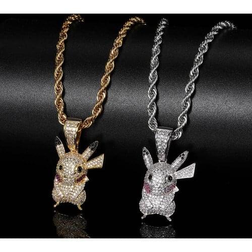 Hip Hop Iced Out Bling CZ Zircon Funny Spit Tongue Rapper Pikachu Necklaces & Pendants For Men Women Rapper Jewelry