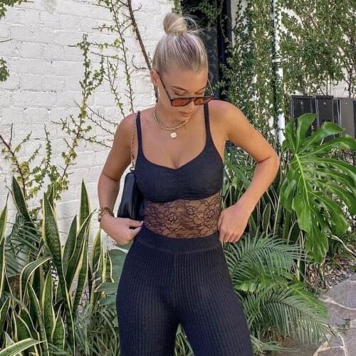 Summer Bodysuits Sexy Ladies Sheer Lace Splicing Sling Straps V-Neck Backless Playsuits Bodysuits for Club Street Black Overalls